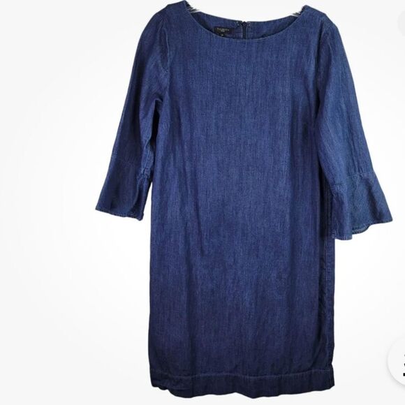 Talbots classic Womens Blue Denim Dress  18wP Back Zip Bell Sleeve Shift Cotton - Picture 4 of 9